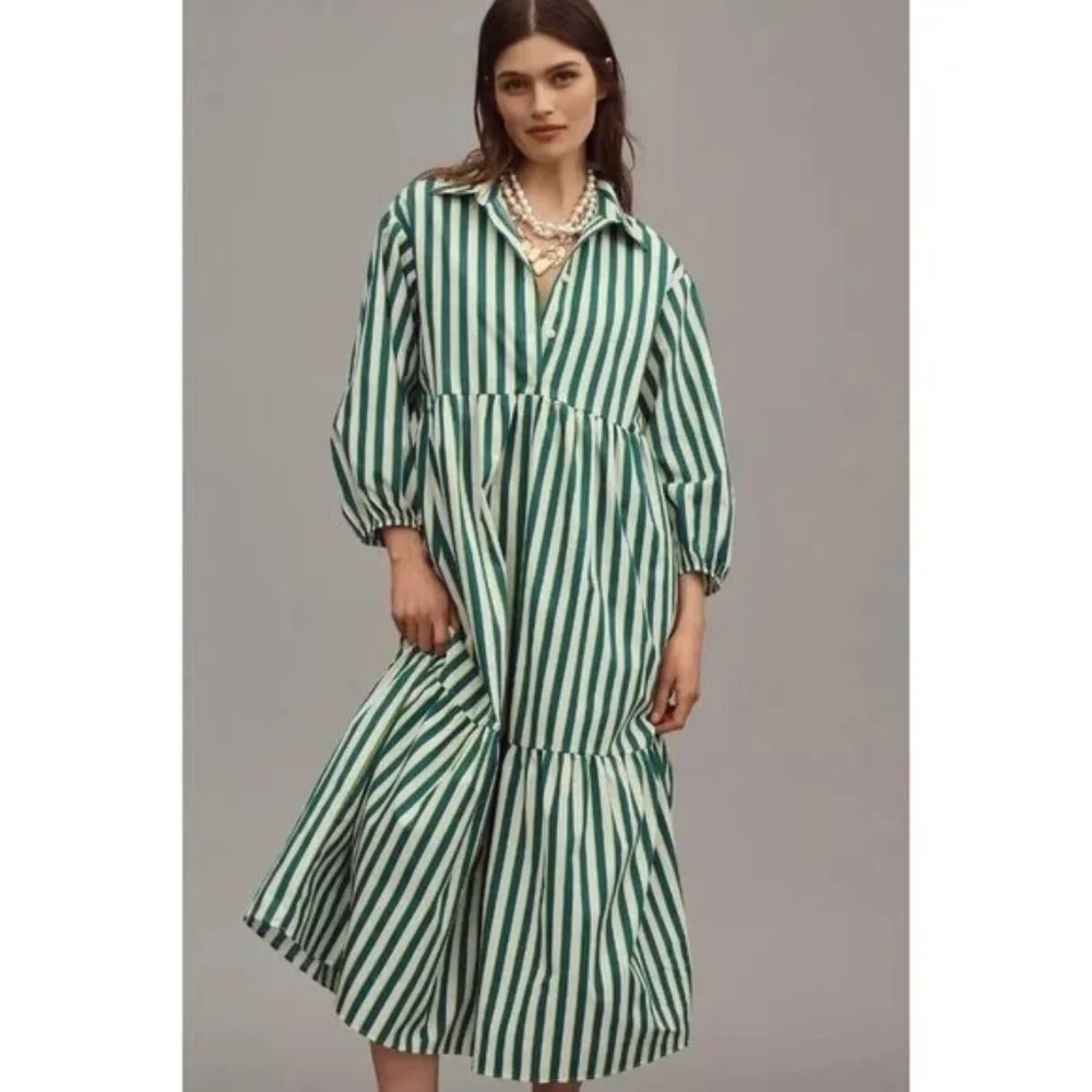 Maeve Anthropologie The Bettina Size S Tiered Striped Cotton Midi Shirt Dress - Picture 1 of 11